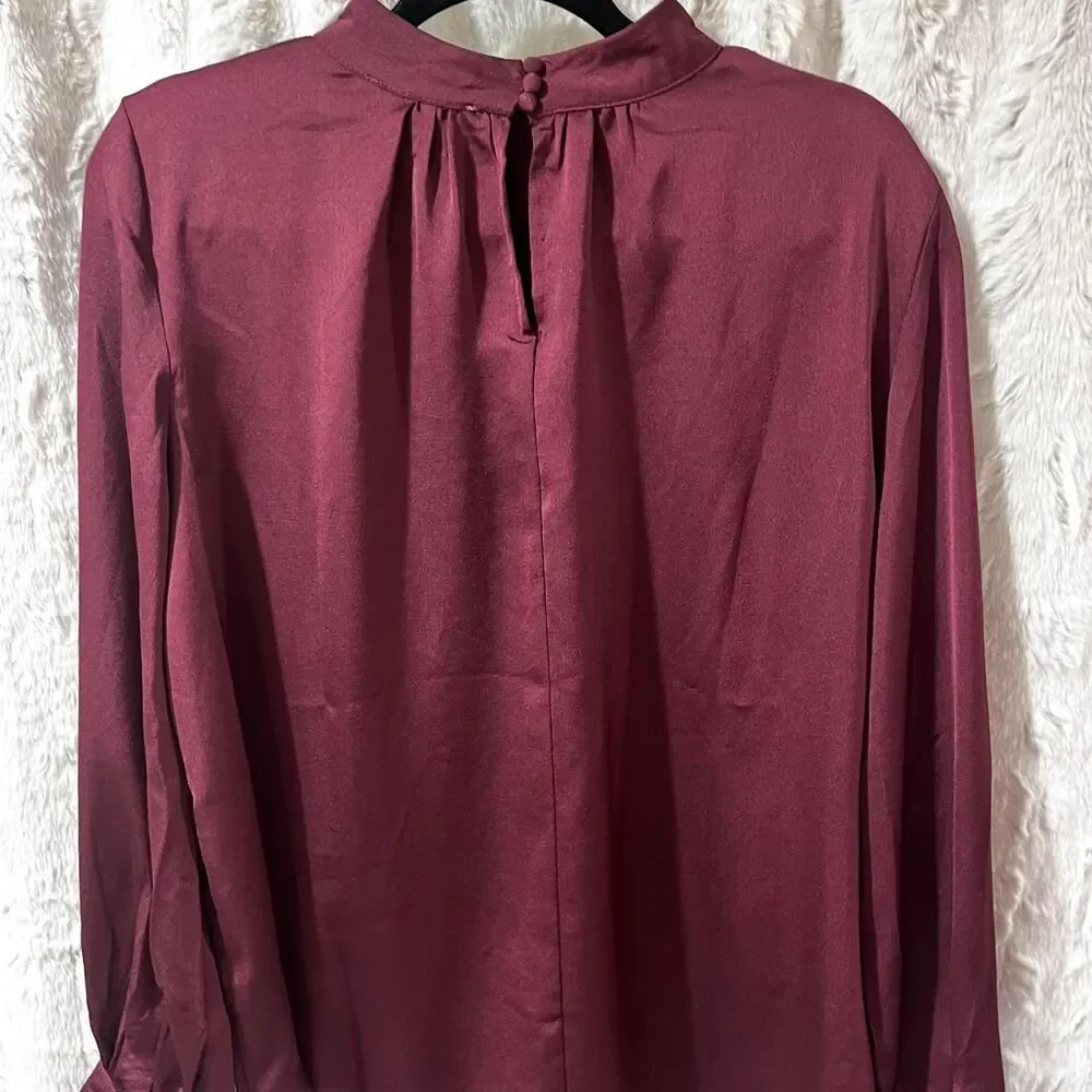 SHE+SKY Burgundy high neck blouse with long sleeves SIZE LARGE - Picture 5 of 8